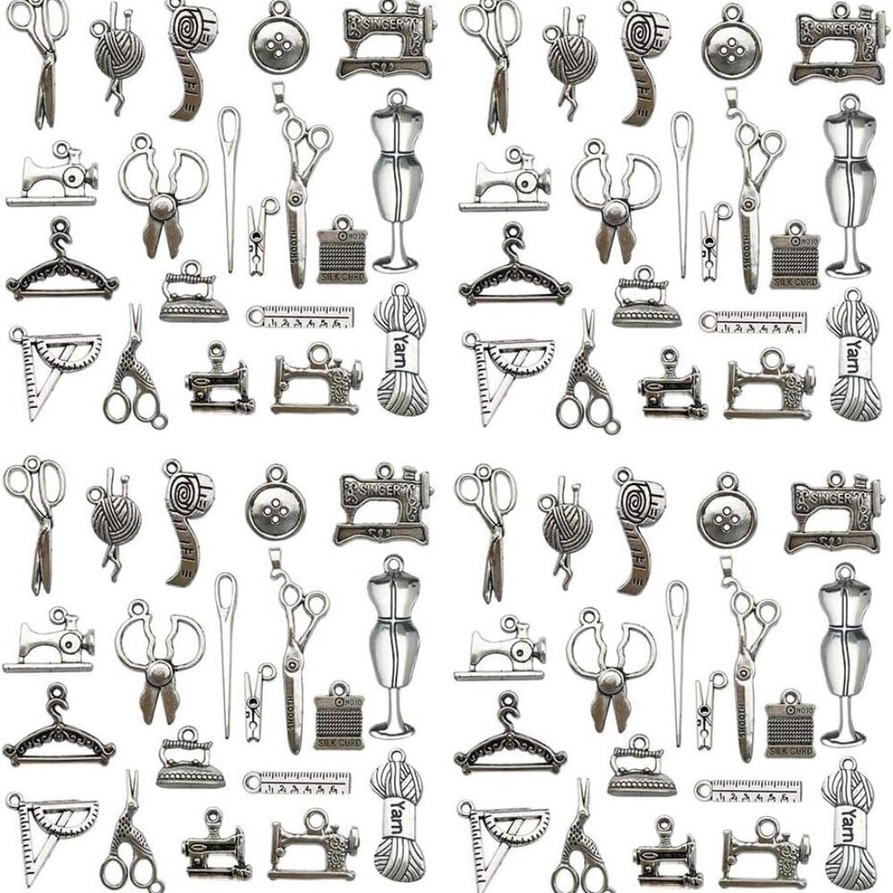 120pcs Antique Silver Sewing Tool Charm for Jewelry Making Alloy Sewing Charms f